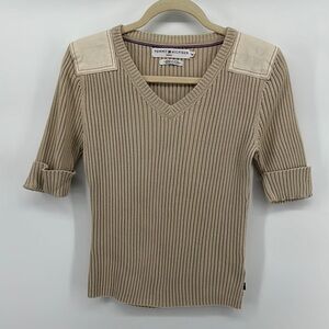 VTG Style TH Y2K Military Minimalist TanCream Ribbed Mid Cuffed Sleeve Shirt SzM